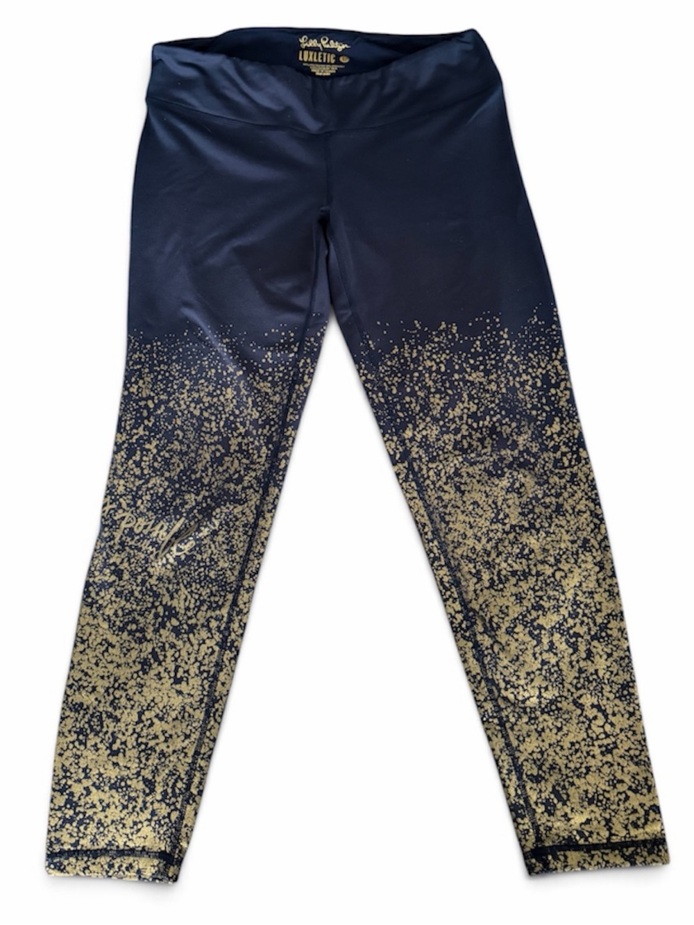 Lilly Pulitzer “Anything is Possible” Navy and Gold Luxletic Leggings Sz L
